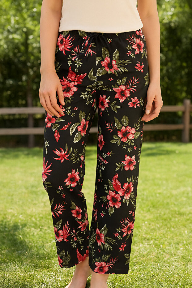 Siyah Çiçek Desenli Tek Alt Pijama - 5