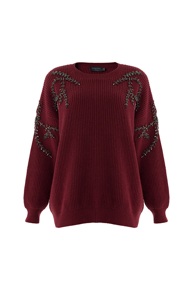 Bisiklet Yaka Taş İşlemeli Uzun Kollu Oversize Triko Bluz - 6