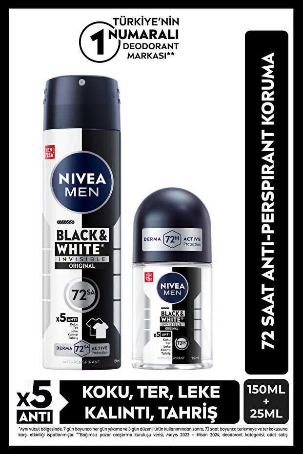 NIVEA MEN Erkek Sprey Deodorant Black&White 150ml Ve Mini Roll-on 25ml, 72 Saat Anti-perspirant Ter Koruma