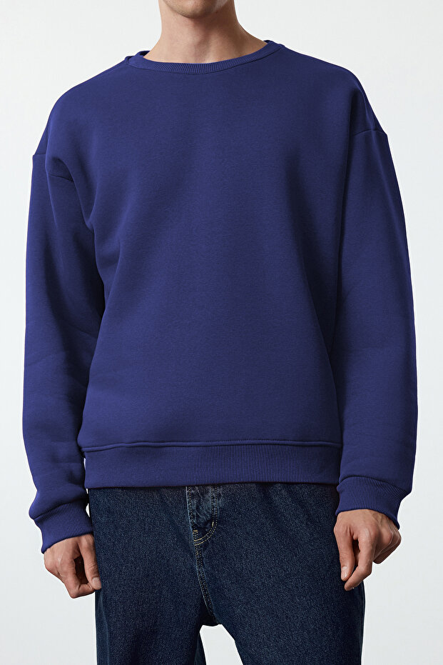 Lacivert Oversize/Geniş Kesim Pamuklu Basic İçi Polarlı Kalın Sweatshirt TMNAW25SW00011 - 7