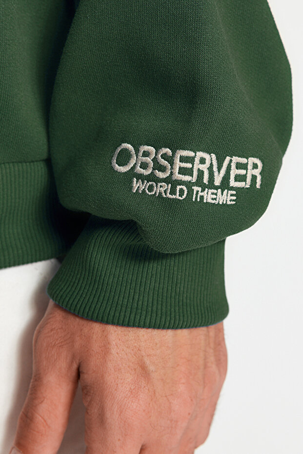 Haki Kapüşonlu Oversize/Geniş Kesim Nakışlı Etiketli Yumuşak Kumaş Sweatshirt TMNAW24SW00031 - 10