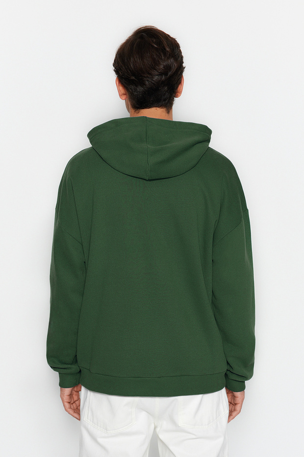 Haki Kapüşonlu Oversize/Geniş Kesim Nakışlı Etiketli Yumuşak Kumaş Sweatshirt TMNAW24SW00031 - 11