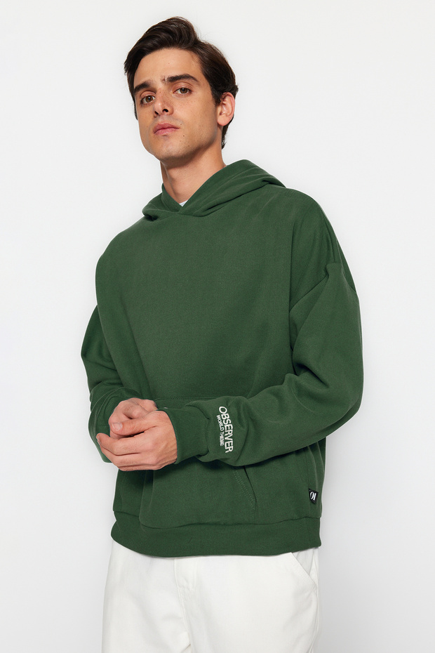Haki Kapüşonlu Oversize/Geniş Kesim Nakışlı Etiketli Yumuşak Kumaş Sweatshirt TMNAW24SW00031 - 6