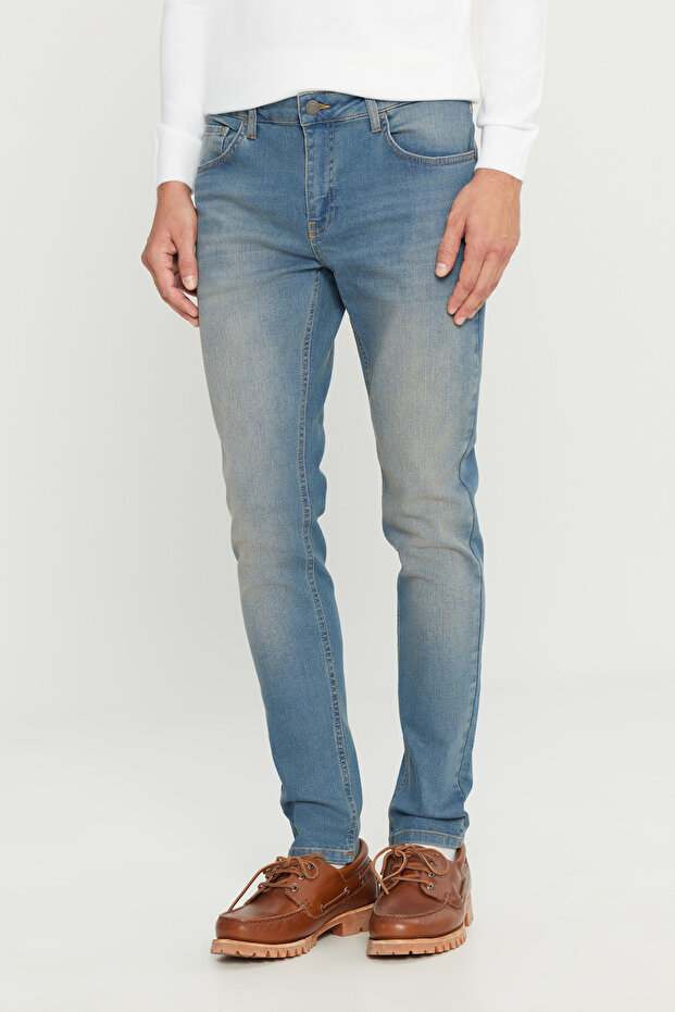 Erkek Petrol Mavisi Ekstra Slim Fit Dar Kesim Pamuklu Esnek Rıss Jean Kot Denim Pantolon - 3