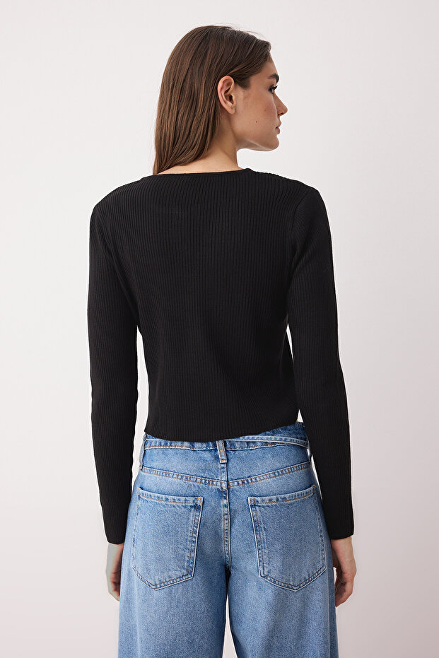 Siyah*001-Ekru Crop Renk Bloklu-Düz İkili Paket Triko Hırka TWOAW26HI00127 - 4