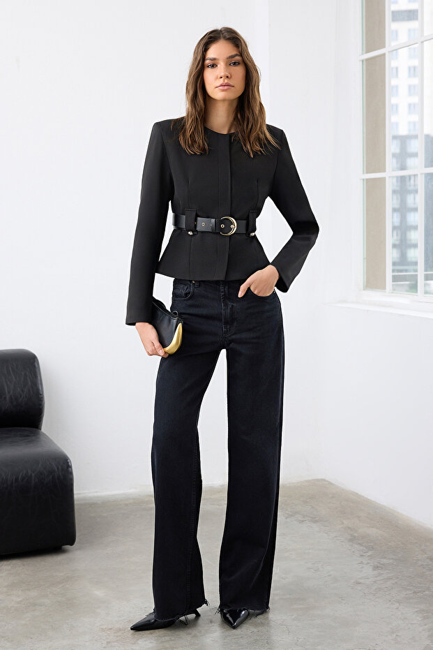 Siyah Kemerli Fitted/Vücuda Oturan Şık Dokuma Blazer Ceket TWOAW26BC00003 - 2