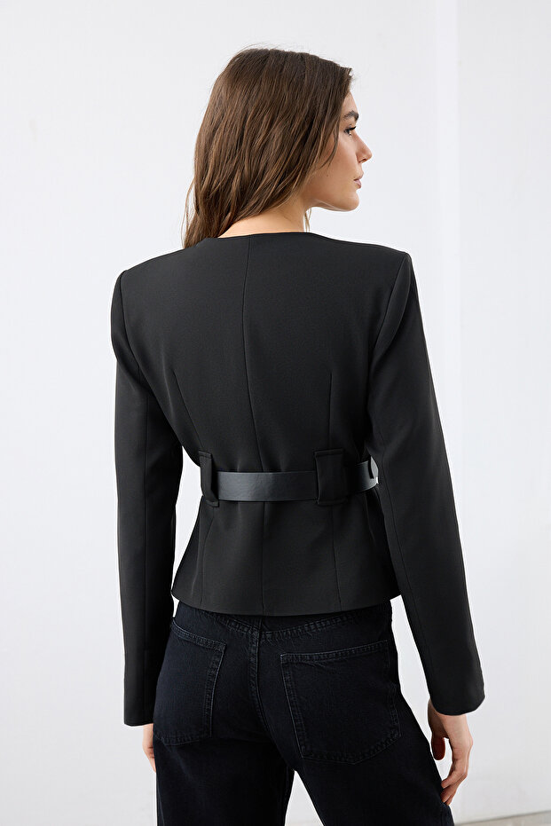 Siyah Kemerli Fitted/Vücuda Oturan Şık Dokuma Blazer Ceket TWOAW26BC00003 - 4