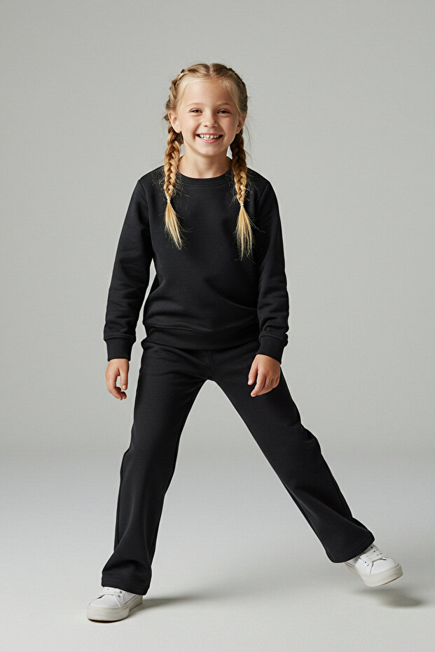 Siyah Pamuklu Düz/Basic Şardonlu Örme Kız Çocuk Sweatshirt ve Eşofman Alt - Üst Takım TKDAW26AU00065 - 1