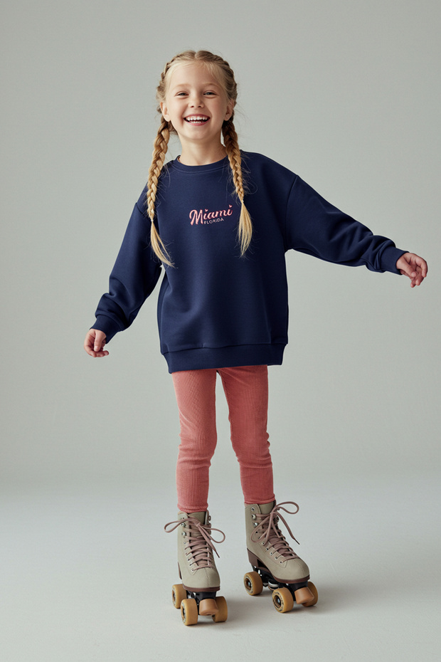 Lacivert Pamuklu Baskılı Oversize Örme Kız Çocuk Tayt-Sweatshirt Örme Alt - Üst Takım TKDAW26AU00023 - 1