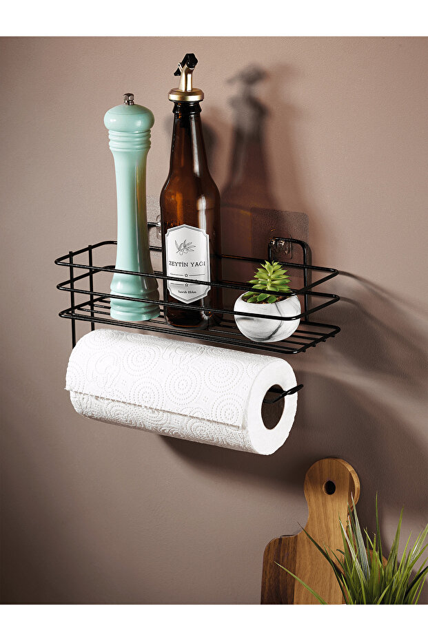 Siyah Yapışkanlı Raflı Kağıt Rulo Havluluk & Peçetelik, Mutfak, Banyo Düzenleyici (Yapıştır/Vidala) - 1