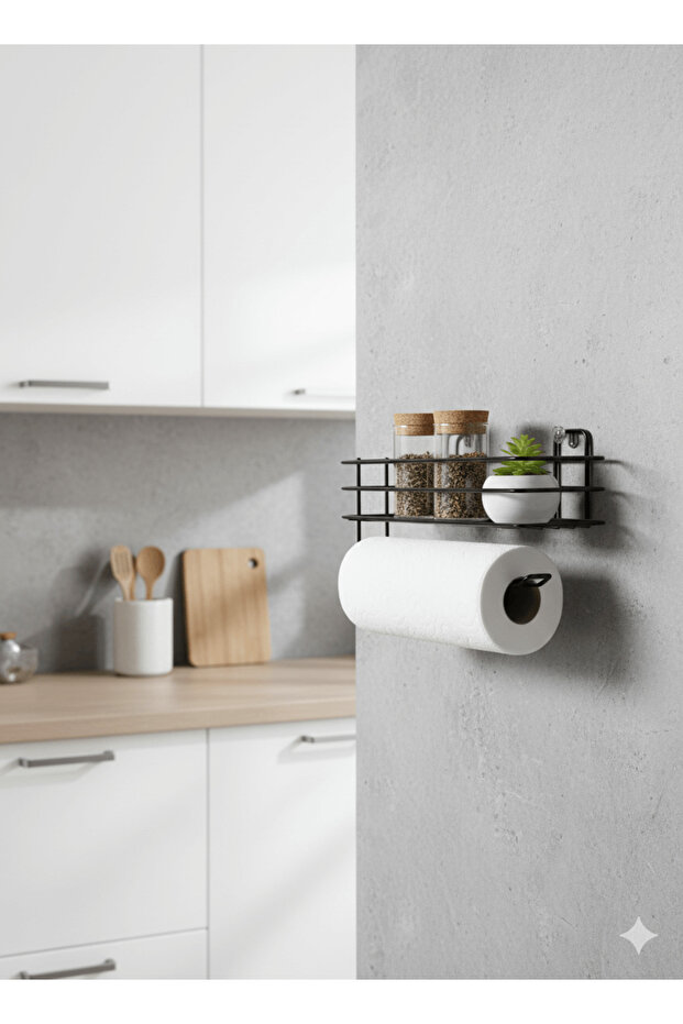 Siyah Yapışkanlı Raflı Kağıt Rulo Havluluk & Peçetelik, Mutfak, Banyo Düzenleyici (Yapıştır/Vidala) - 5