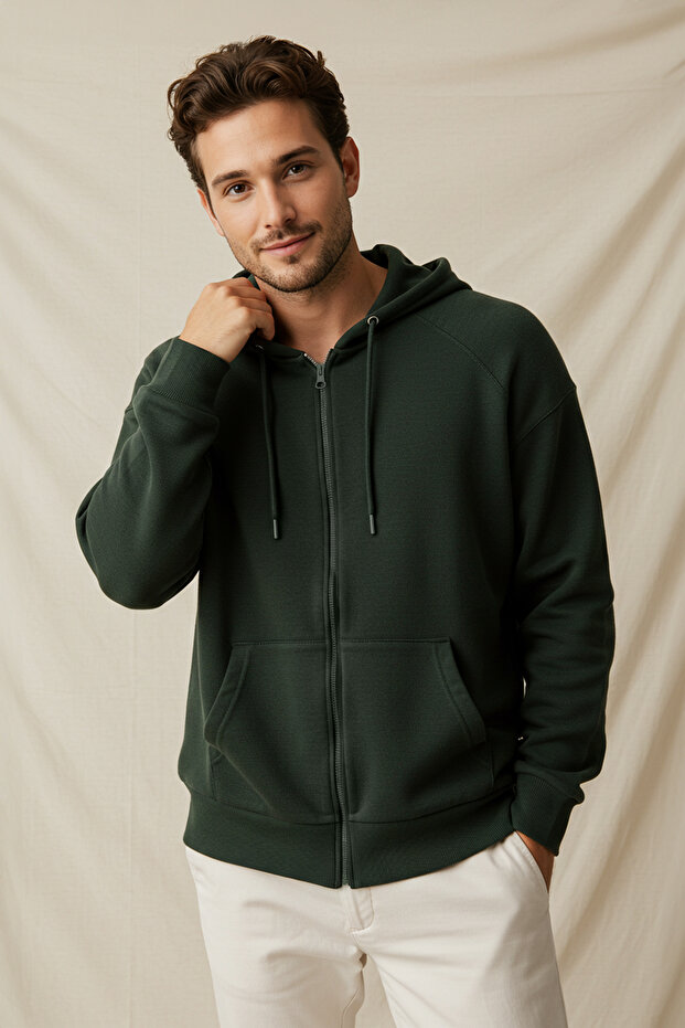 Koyu Yeşil Oversize/Geniş Kesim Fermuarlı Basic Şardonsuz Sweatshirt-Hırka TMNAW22SW0620 - 5