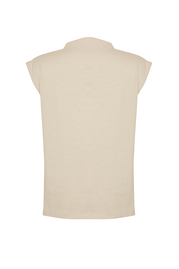 Taş Kayık Yaka Sıfır Kol Büzgülü Örme T-Shirt TWOSS24TS00051 - 8