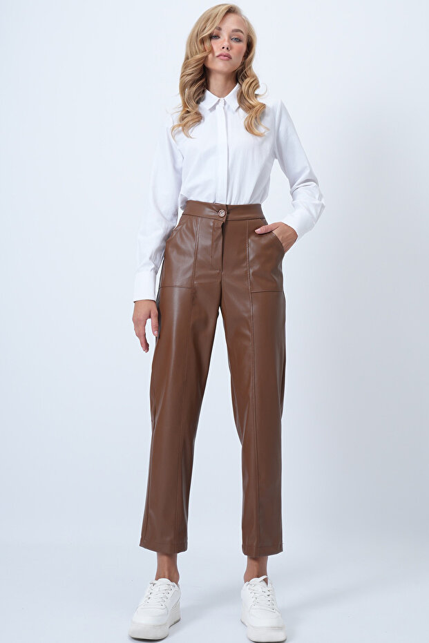 Women's Brown Double Pocket Front Trimmed Leather Trousers ALC-X14514