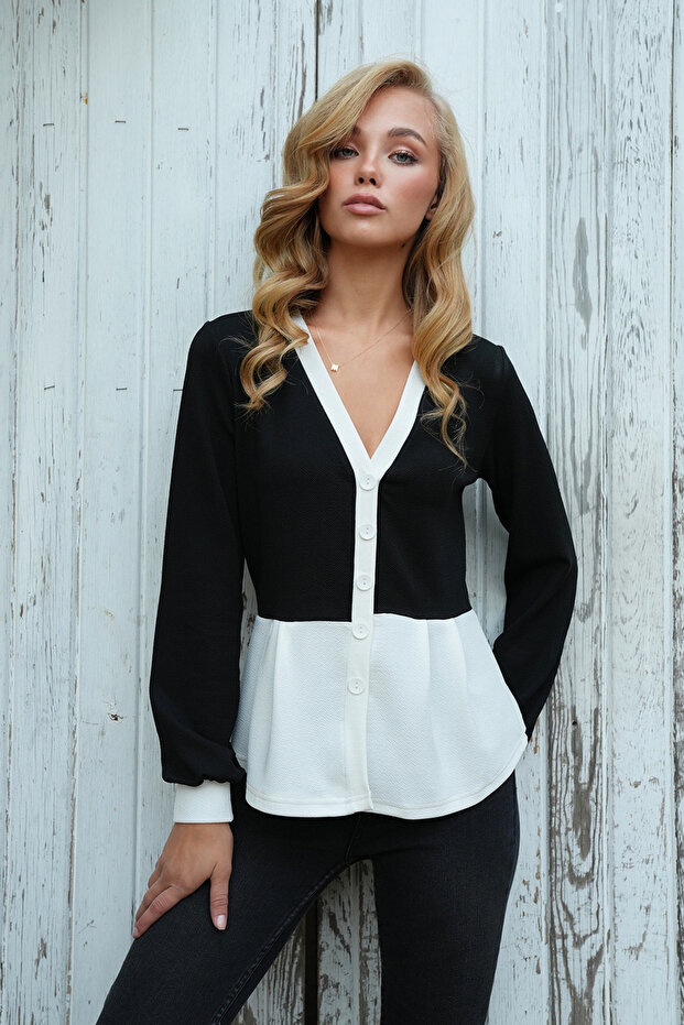Black Color Block Buttoned Crepe Knitted Blouse Alc-X14499