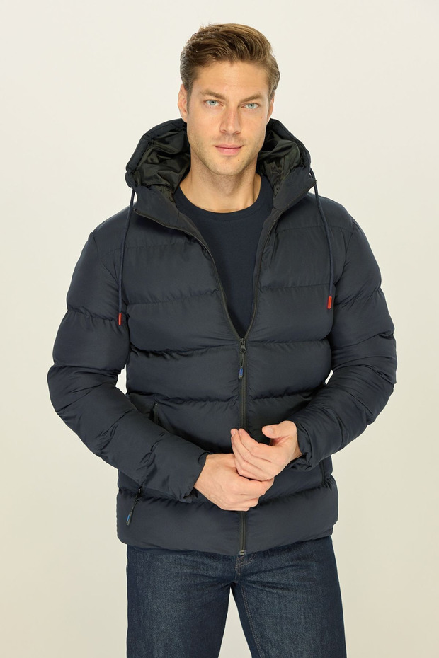 Men's Navy Blue Thick Lined Windproof Sports Winter Puffer Jacket