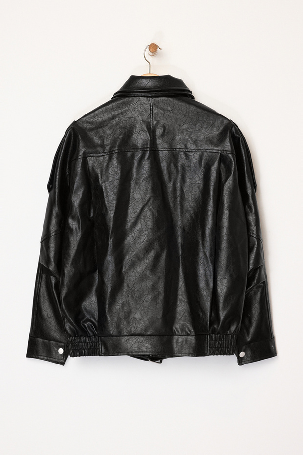 Siyah Regular Kalıp Suni Deri Parlak Biker İnce Ceket Mont TWOAW26MO00064 - 9