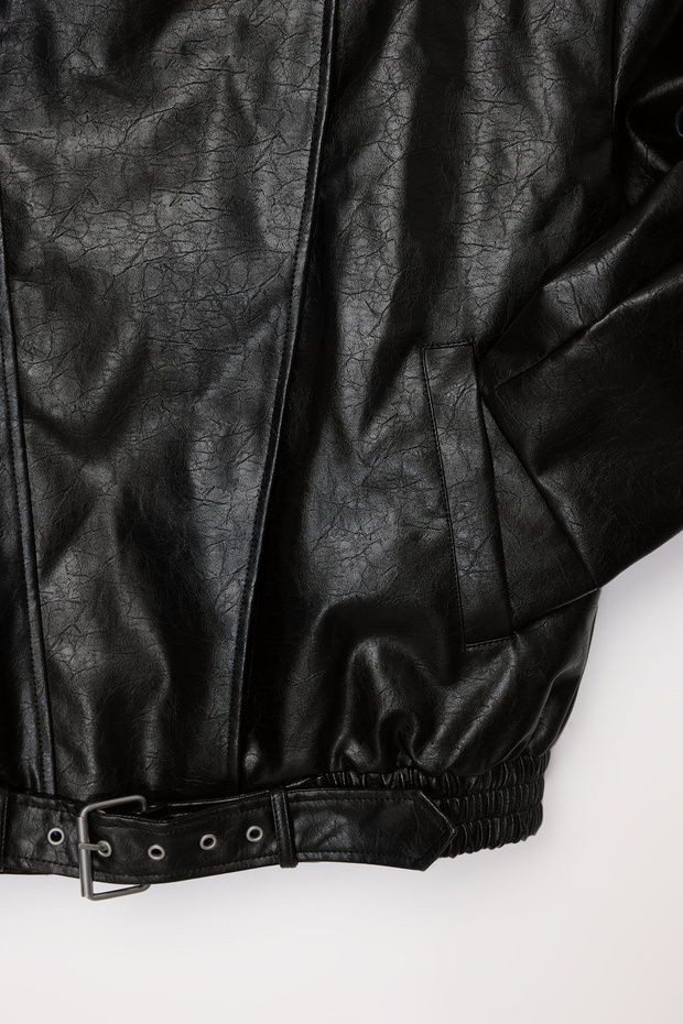 Siyah Regular Kalıp Suni Deri Parlak Biker İnce Ceket Mont TWOAW26MO00064 - 8