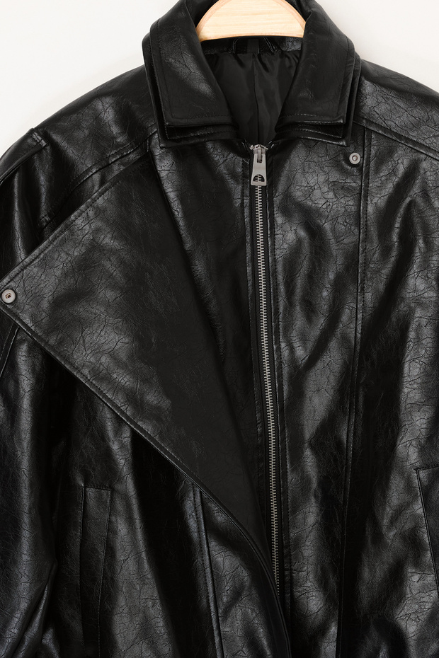 Siyah Regular Kalıp Suni Deri Parlak Biker İnce Ceket Mont TWOAW26MO00064 - 7
