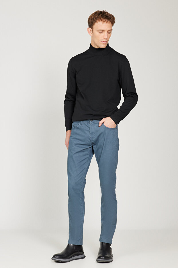 Erkek İndigo Slim Fit Dar Kesim 5 Cepli Desenli Pamuklu Pantolon - 2