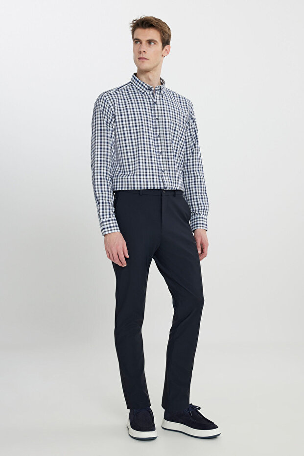 Erkek Lacivert Slim Fit Dar Kesim Beli Bağlamalı Yan Cep Esnek Casual Pantolon - 2