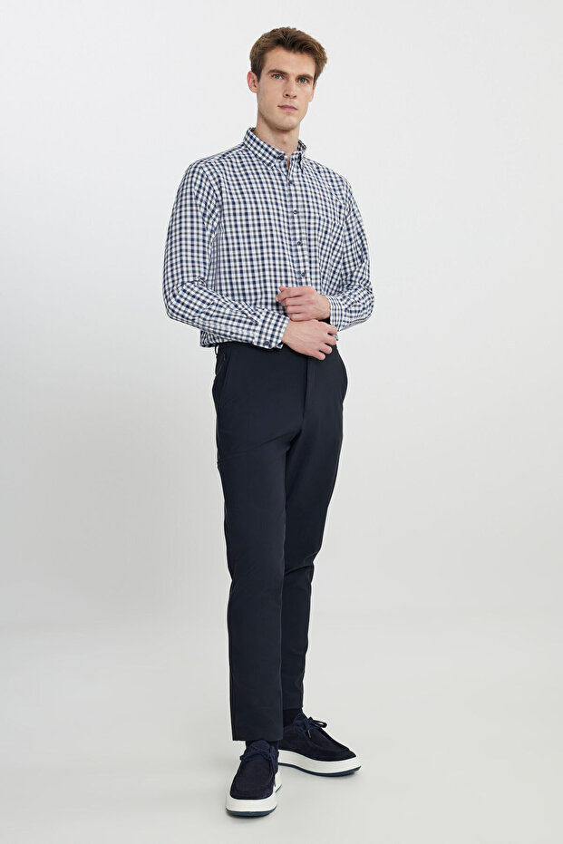 Erkek Lacivert Slim Fit Dar Kesim Beli Bağlamalı Yan Cep Esnek Casual Pantolon - 3