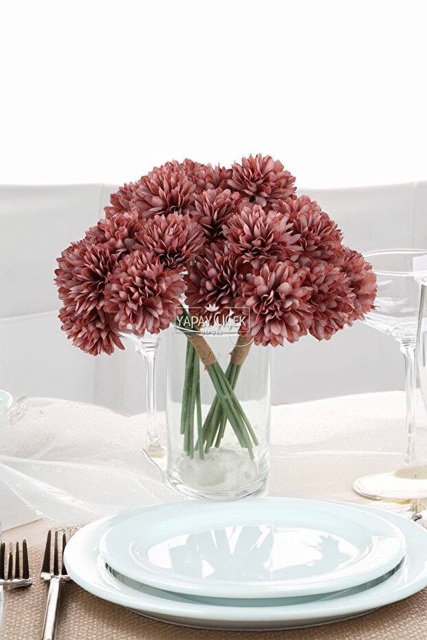 Artificial Flower Ball Chrysanthemum 7-Piece Mini Snowball Bundle 28 cm Dusty Rose