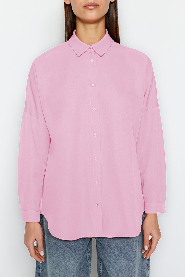 Pembe Pamuklu Oversize Geniş Kalıp Dokuma Gömlek TWOSS22GO0669 - 9