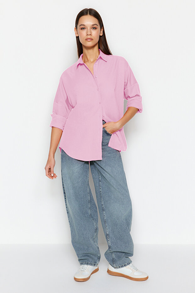 Pembe Pamuklu Oversize Geniş Kalıp Dokuma Gömlek TWOSS22GO0669 - 8