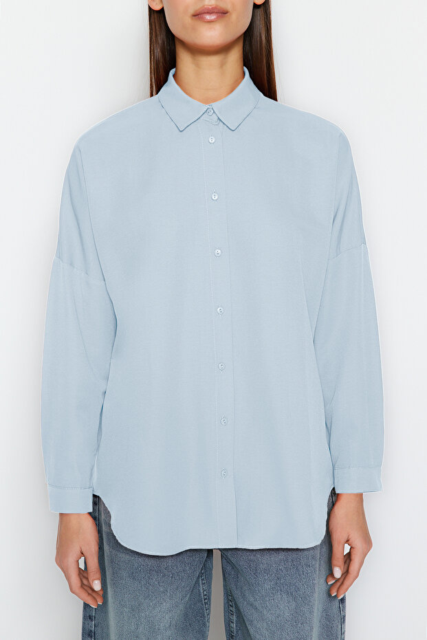 Jasnoniebieska bawełniana koszula oversize - szeroka, tkana TWOSS22GO0669 - 6