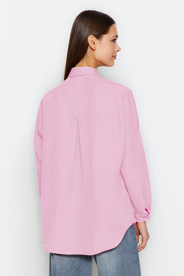 Pembe Pamuklu Oversize Geniş Kalıp Dokuma Gömlek TWOSS22GO0669 - 11
