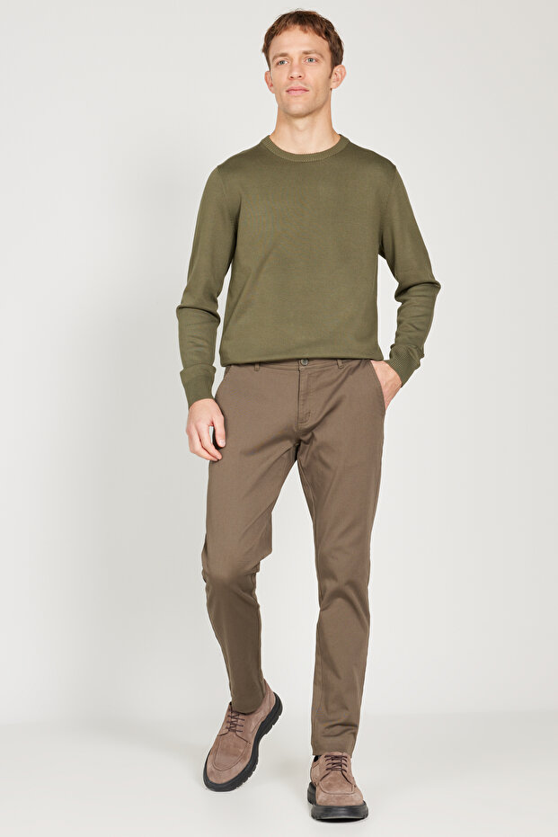 Erkek Haki Slim Fit Dar Kesim Pamuklu Esnek Chino Pantolon - 2