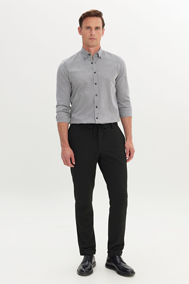 Erkek Siyah Slim Fit Dar Kesim Gofre Desenli Esnek Beli Bağlamalı Pantolon - 2