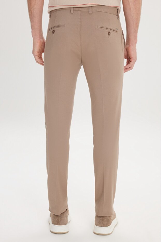 Erkek Bej Slim Fit Dar Kesim Yan Cepli Pamuklu Esnek Armürlü Pantolon - 6