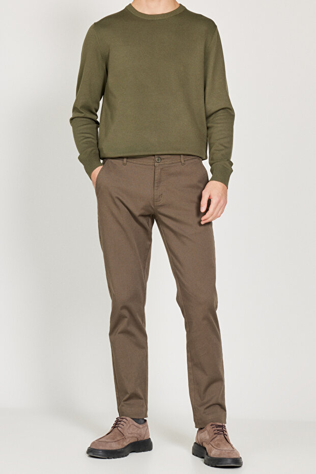 Erkek Haki Slim Fit Dar Kesim Pamuklu Esnek Chino Pantolon - 1