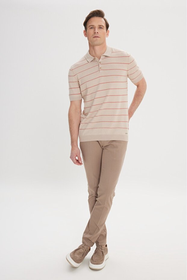 Erkek Bej Slim Fit Dar Kesim Yan Cepli Pamuklu Esnek Armürlü Pantolon - 5