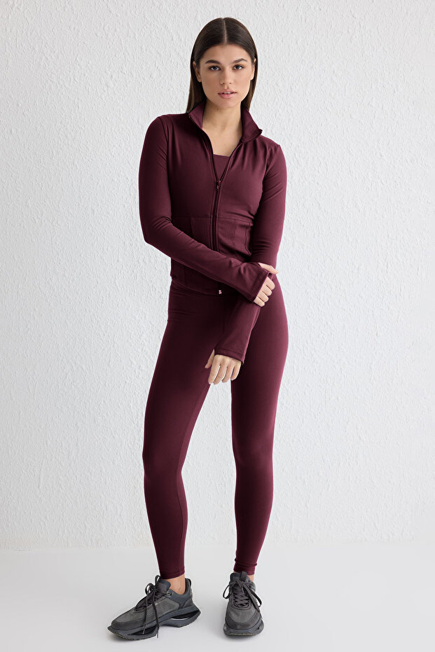Bordo Fırçalı Soft Kumaş Baş Parmak Delikli Örme Spor Ceket/Sweatshirt THMAW25SK00001 - 4