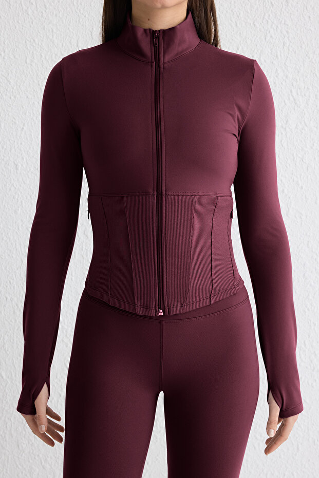 Bordo Fırçalı Soft Kumaş Baş Parmak Delikli Örme Spor Ceket/Sweatshirt THMAW25SK00001 - 2