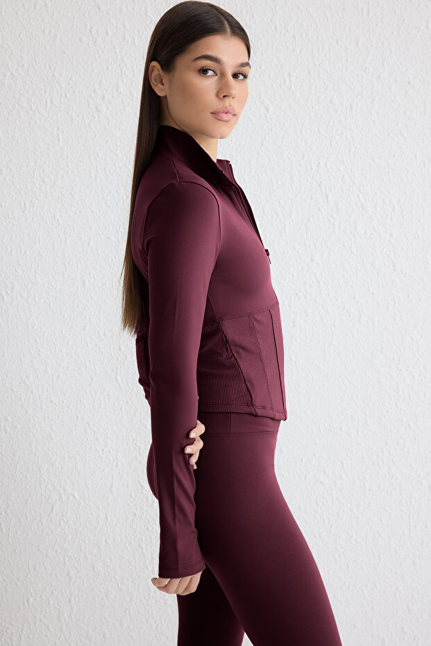 Bordo Fırçalı Soft Kumaş Baş Parmak Delikli Örme Spor Ceket/Sweatshirt THMAW25SK00001 - 6