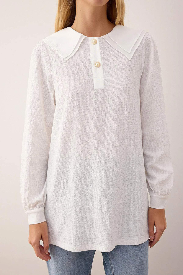 Ekru Gömlek Yaka Detaylı Bürümcük Kumaş Örme Sweatshirt TCTAW26TW00000 - 3