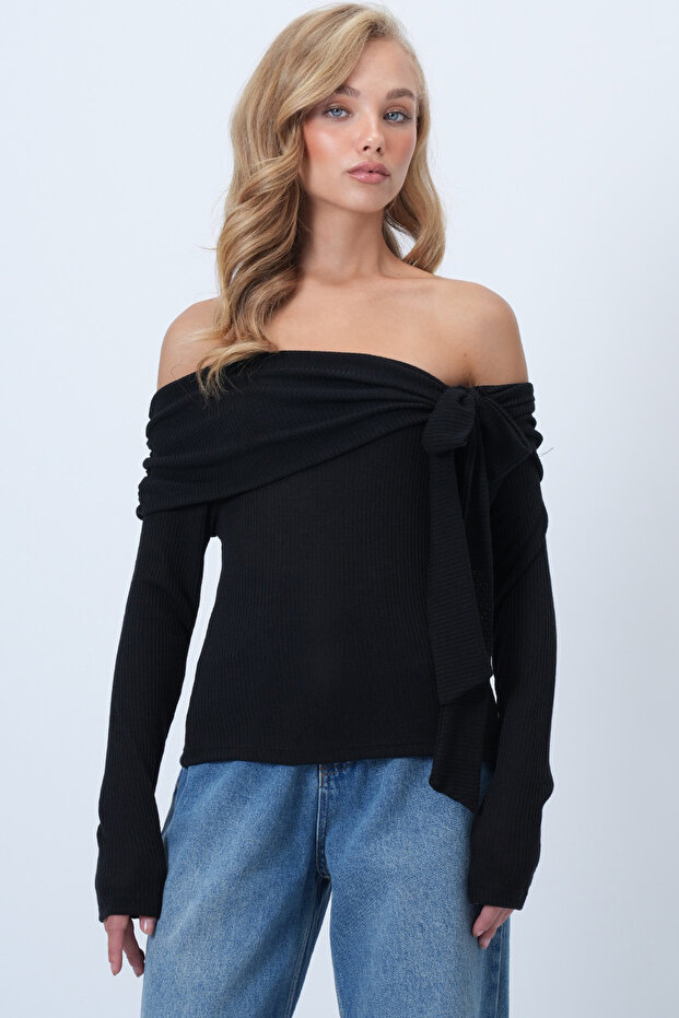 Black Carmen Collar Bow Tie Knitted Blouse Alc-X14558