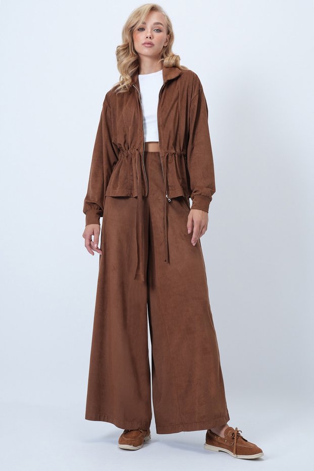 Tan Faux Suede Waist-Tie Jacket and Double Pocket Trouser Set Alc-X14583