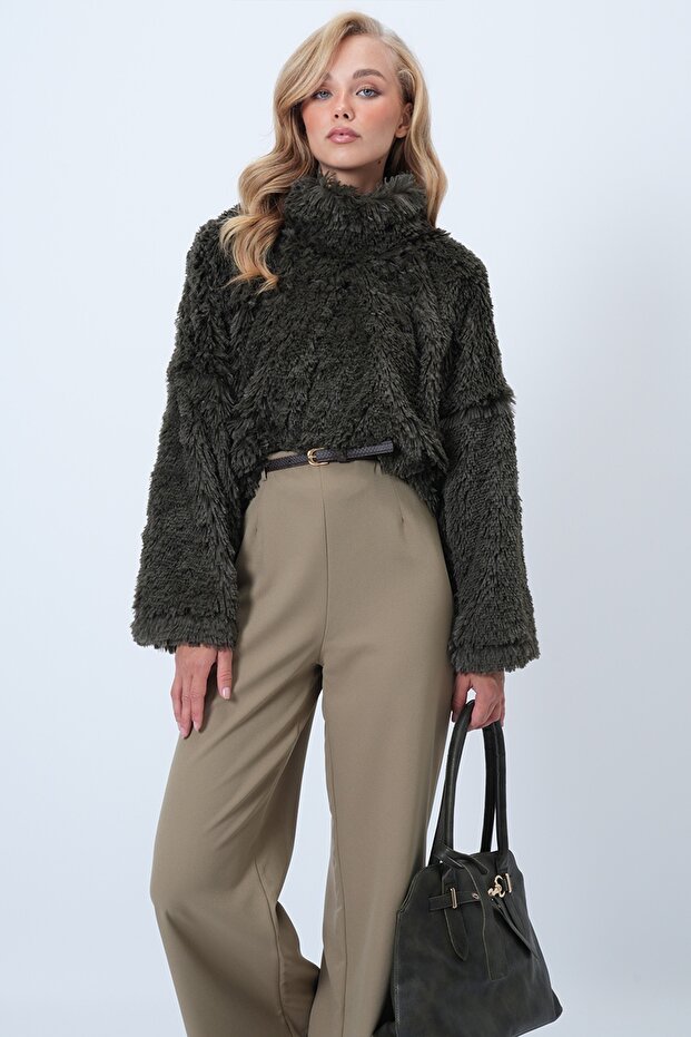 Khaki High Collar Furry Plush Blouse Alc-X14591