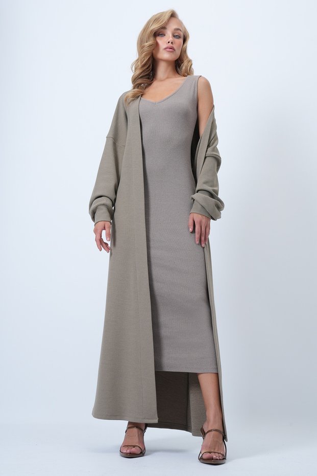 Women's Beige V-Neck Sleeveless Knitted Dress and Long Cardigan Set Alc-X14551