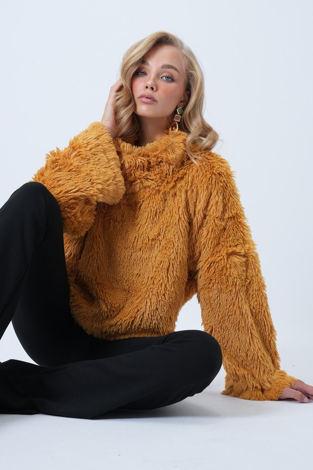 Women's Mustard Yellow Stand Collar Furry Plush Blouse Alc-X14591