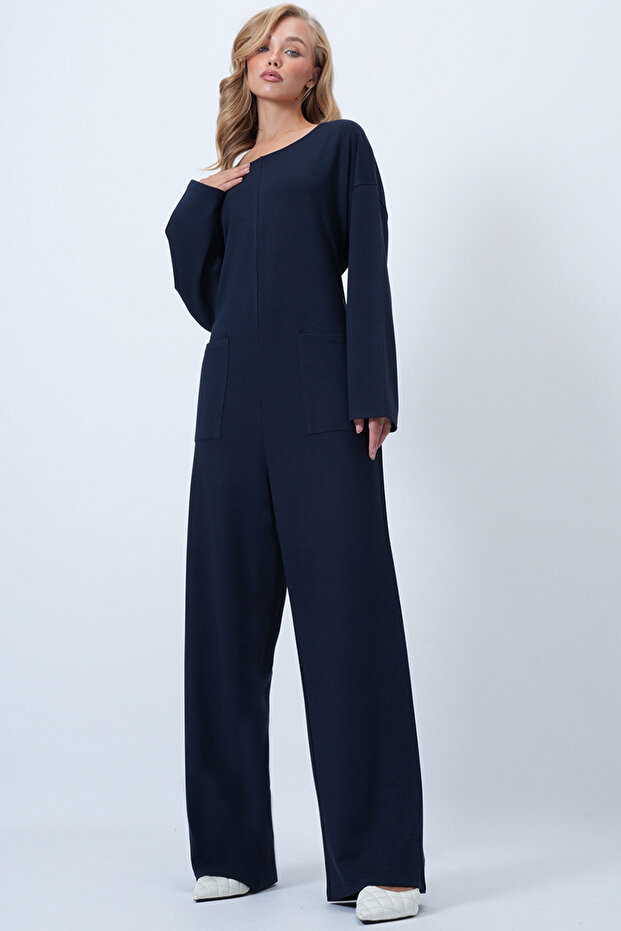Navy Blue Crew Neck Comfortable Cut Jumpsuit with Zipper on the Back Alc-X14554