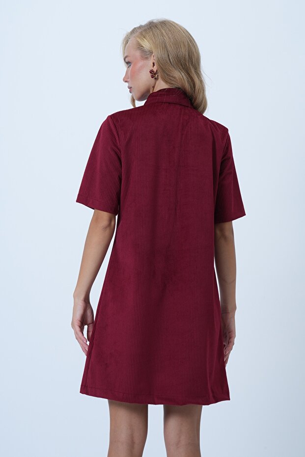 Bordo Polo Yaka Yarım Pat Düğmeli Dokulu Kadife Mini Elbise ALC-X14536 - 6