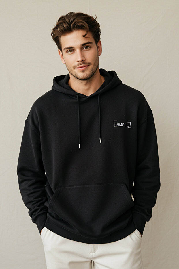 Siyah Basic Oversize/Geniş Kesim Kapüşonlu İçi Polar/Sıcak Tutan Sweatshirt TMNAW21SW2005 - 1