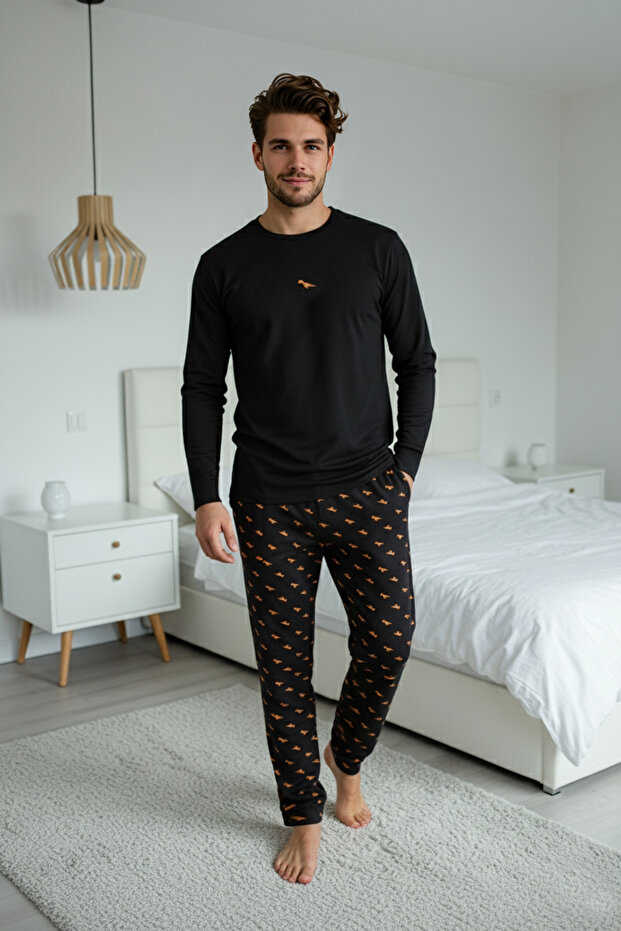 Siyah Regular Dinazor Nakışlı Örme Pijama Takımı TMNAW23PT00157 - 3