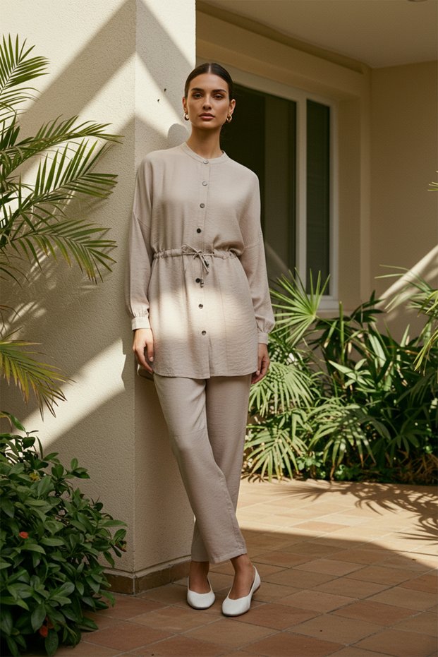 Beige Tie-Detail Waist Shirt-Trousers Woven Set TCTSS21AU0237